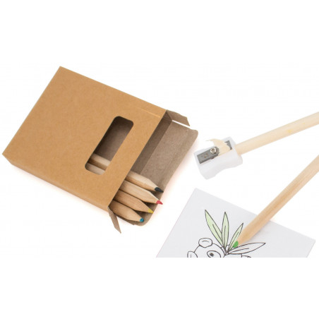 Crayons de couleur avec feuilles à colorier dans une boîte avec un autocollant transparent personnalisable à offrir