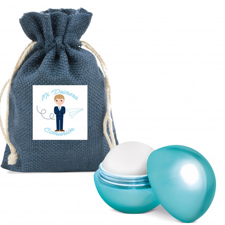Baume à lèvres au parfum de vanille dans un sac bleu marine avec adhésif : détail pour les invitées de communion