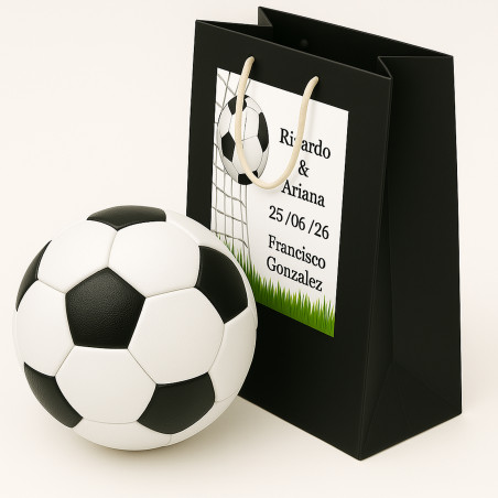 Ballon de football anti-stress personnalisé avec adhésif dans un sac noir