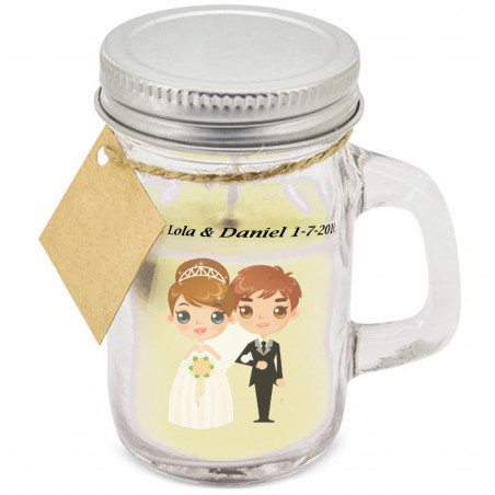 Bougie en verre avec couvercle à vis et autocollants de mariage