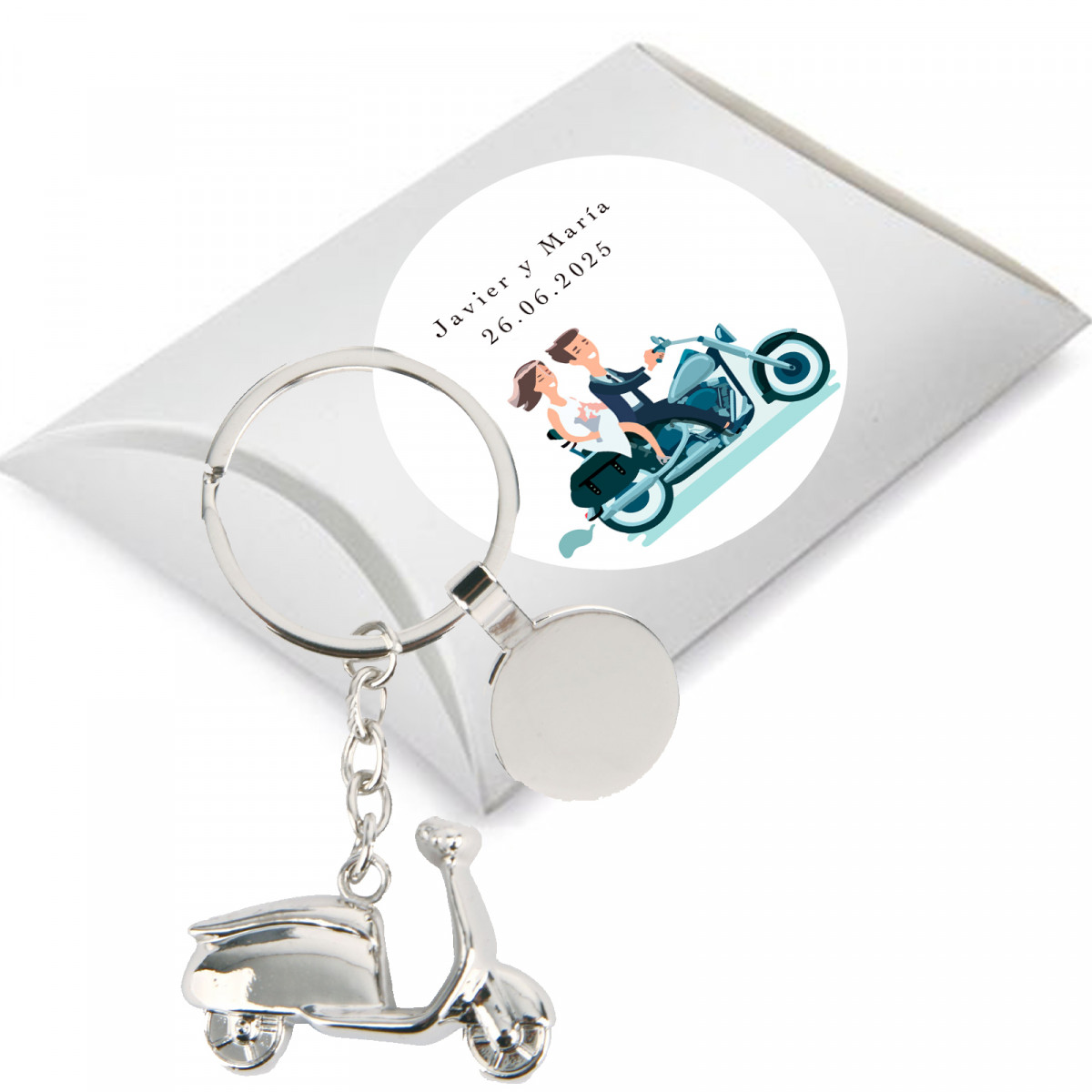 Porte-clés scooter et autocollant personnalisé pour les détails de mariage dans une boîte en carton couleur argent