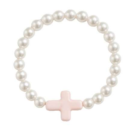 Bracelet en perles blanches nacrées avec croix colorée pour événements religieux