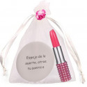 Miroir avec phrase dans un sac en organza beige avec stylo en forme de rouge à lèvres
