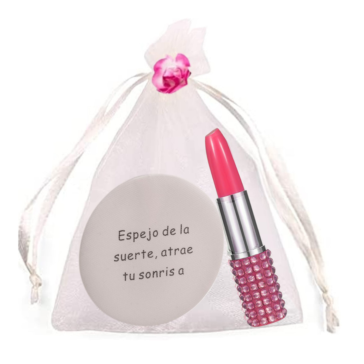 Miroir avec phrase dans un sac en organza beige avec stylo en forme de rouge à lèvres
