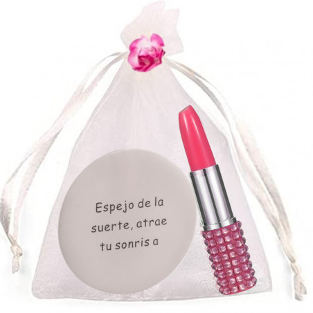 Miroir avec phrase dans un sac en organza beige avec stylo en forme de rouge à lèvres