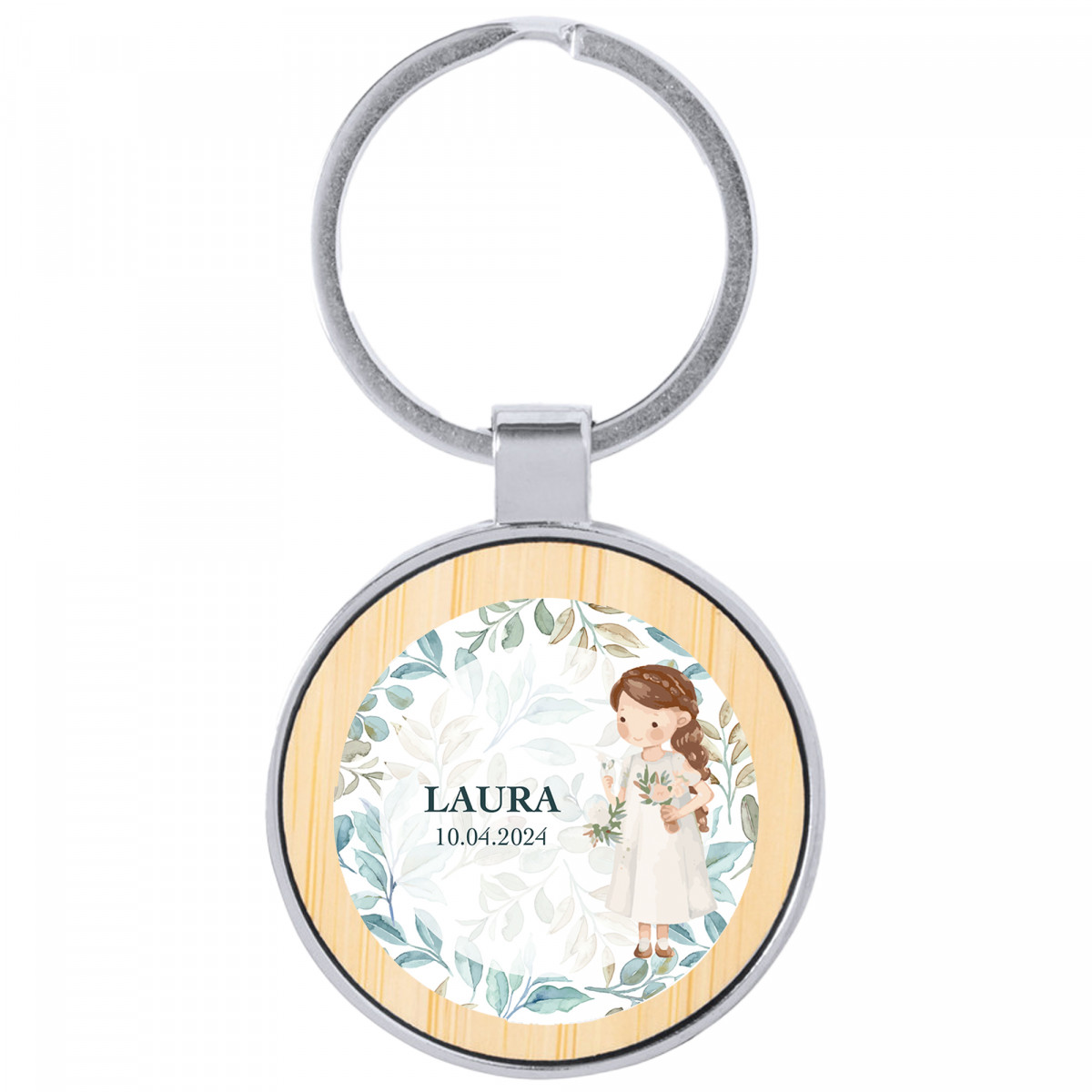 Porte-clés métallique avec autocollant première communion fille personnalisable