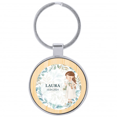 Porte-clés métallique avec autocollant première communion fille personnalisable