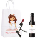 Bouteille de vin avec tire bouchon personnalisé dans un sac de fille de communion