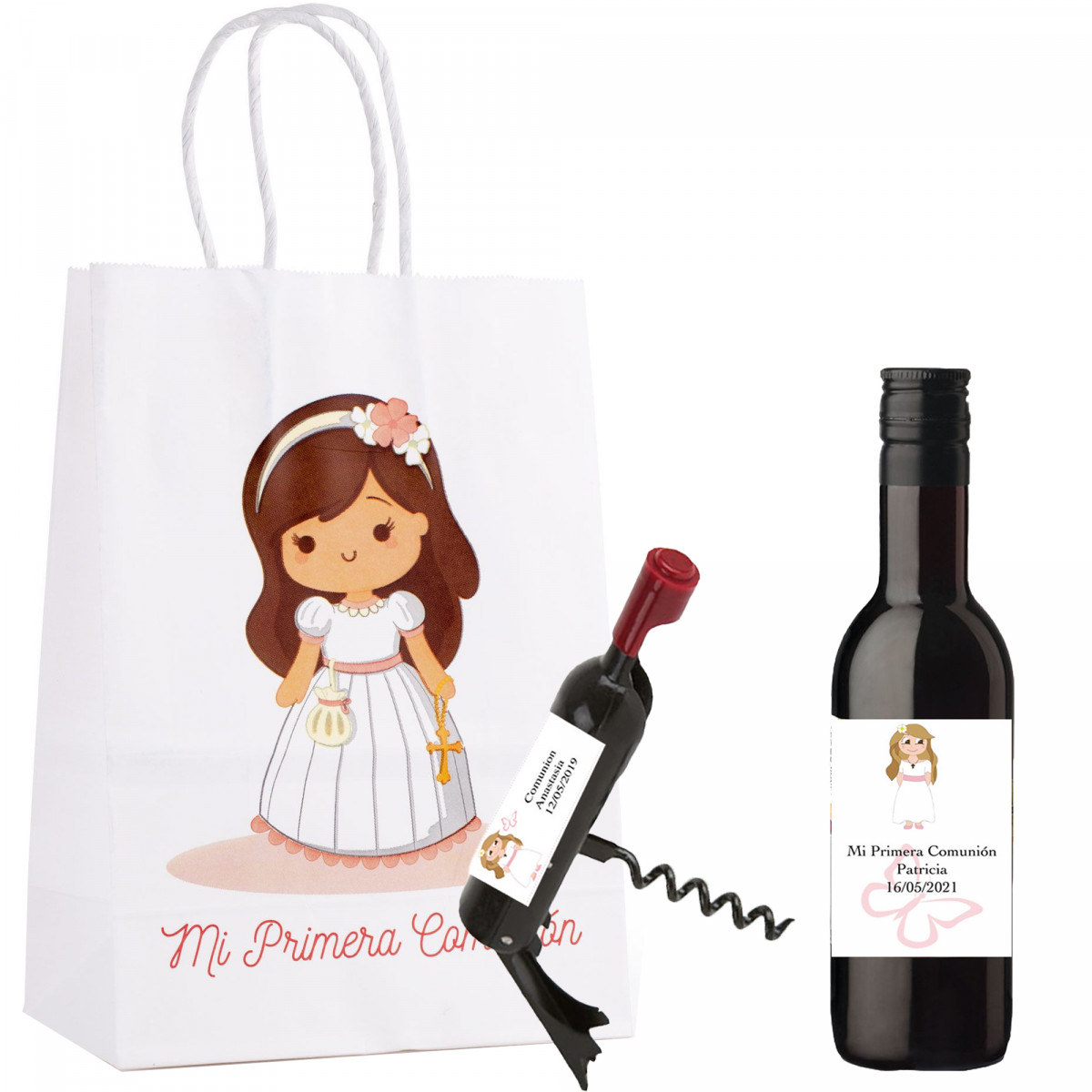 Bouteille de vin avec tire bouchon personnalisé dans un sac de fille de communion