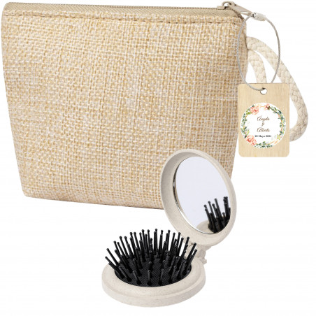 Brosse miroir et porte monnaie avec étiquette suspendue en bois personnalisée