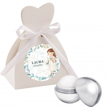 Baume à lèvres communion dans une boîte avec un autocollant personnalisé