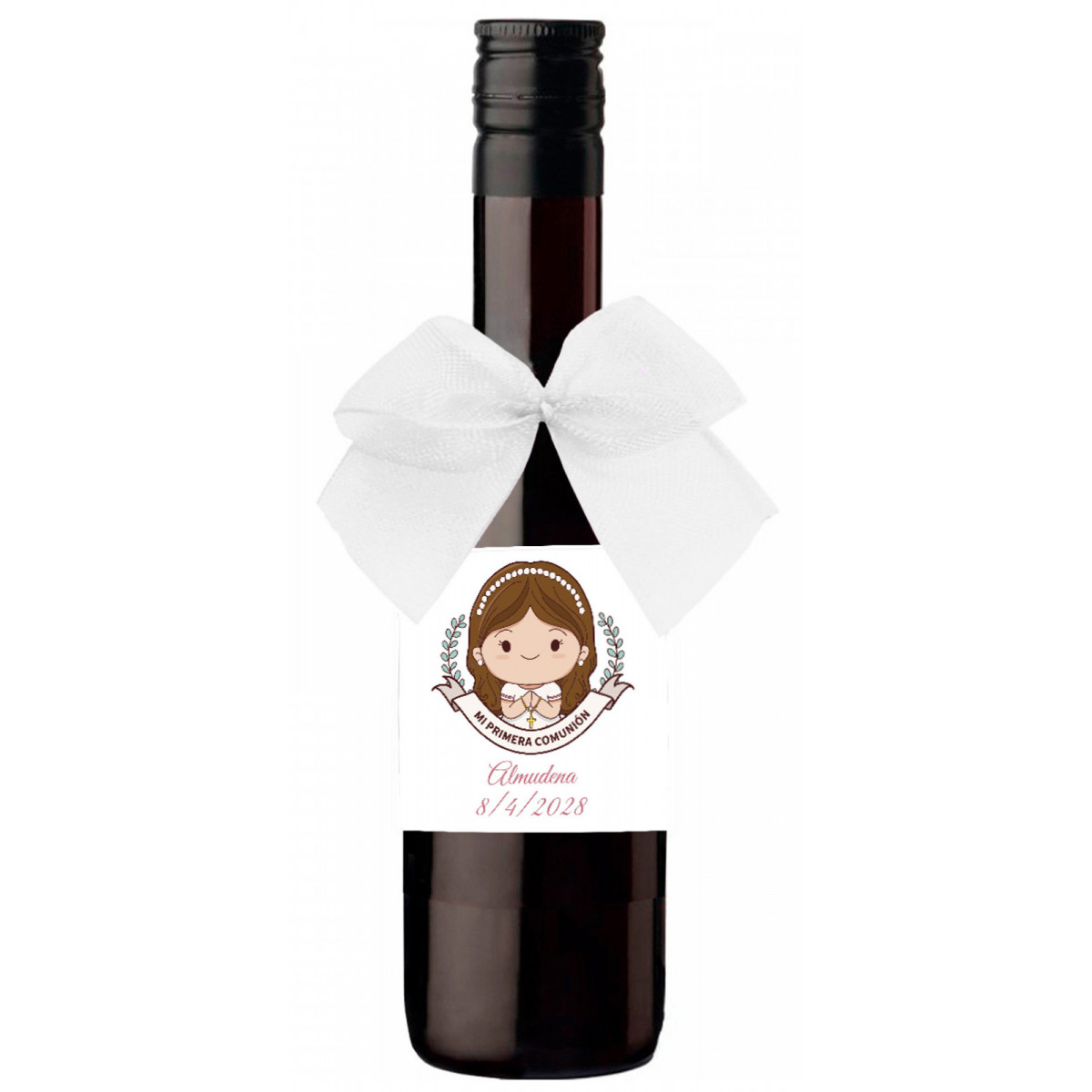 Bouteille de vin personnalisée pour un détail de communion avec un nœud décoratif