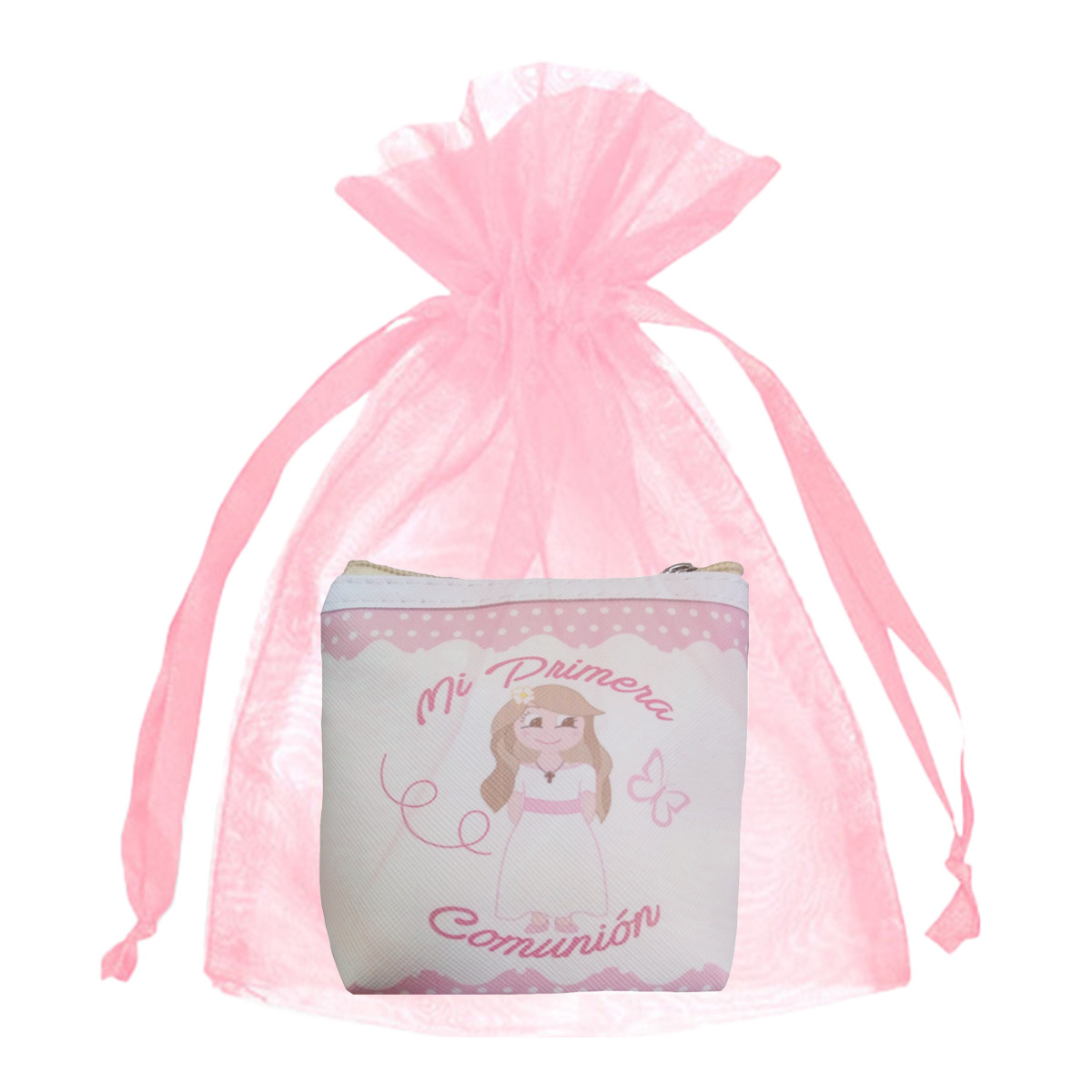 Porte monnaie pour première communion avec un sac en organza rose