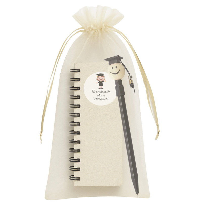 Stylo de graduation avec carnet personnalisé dans un sac en organza