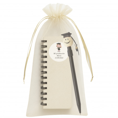 Stylo de graduation avec carnet personnalisé dans un sac en organza