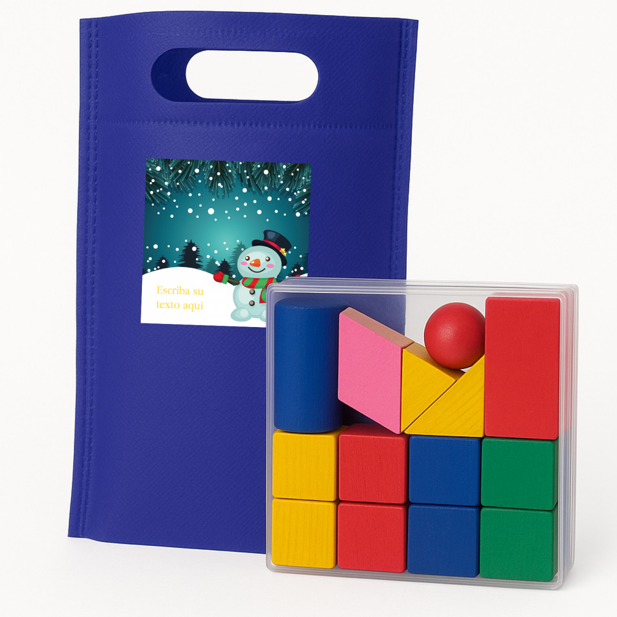 Jeu de compétence avec des pièces en bois avec un autocollant de Noël personnalisable et un sac cadeau