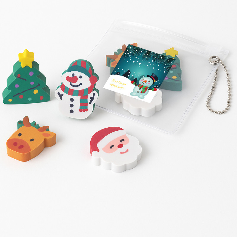 Gomme à effacer en forme de personnages de Noël présentée avec un autocollant personnalisable