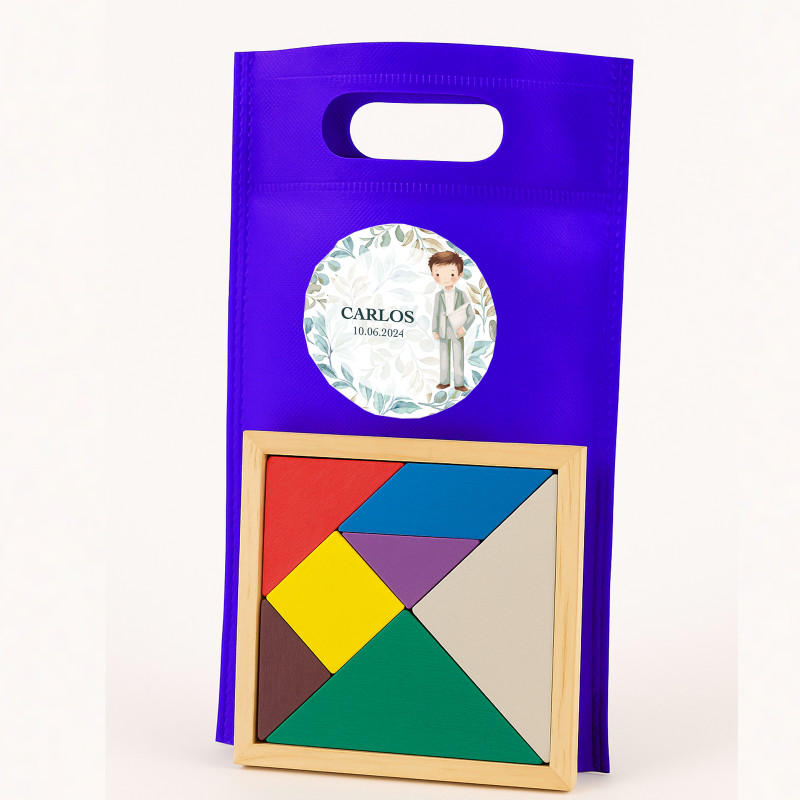 Puzzle en bois dans un sac avec autocollant de première communion personnalisable