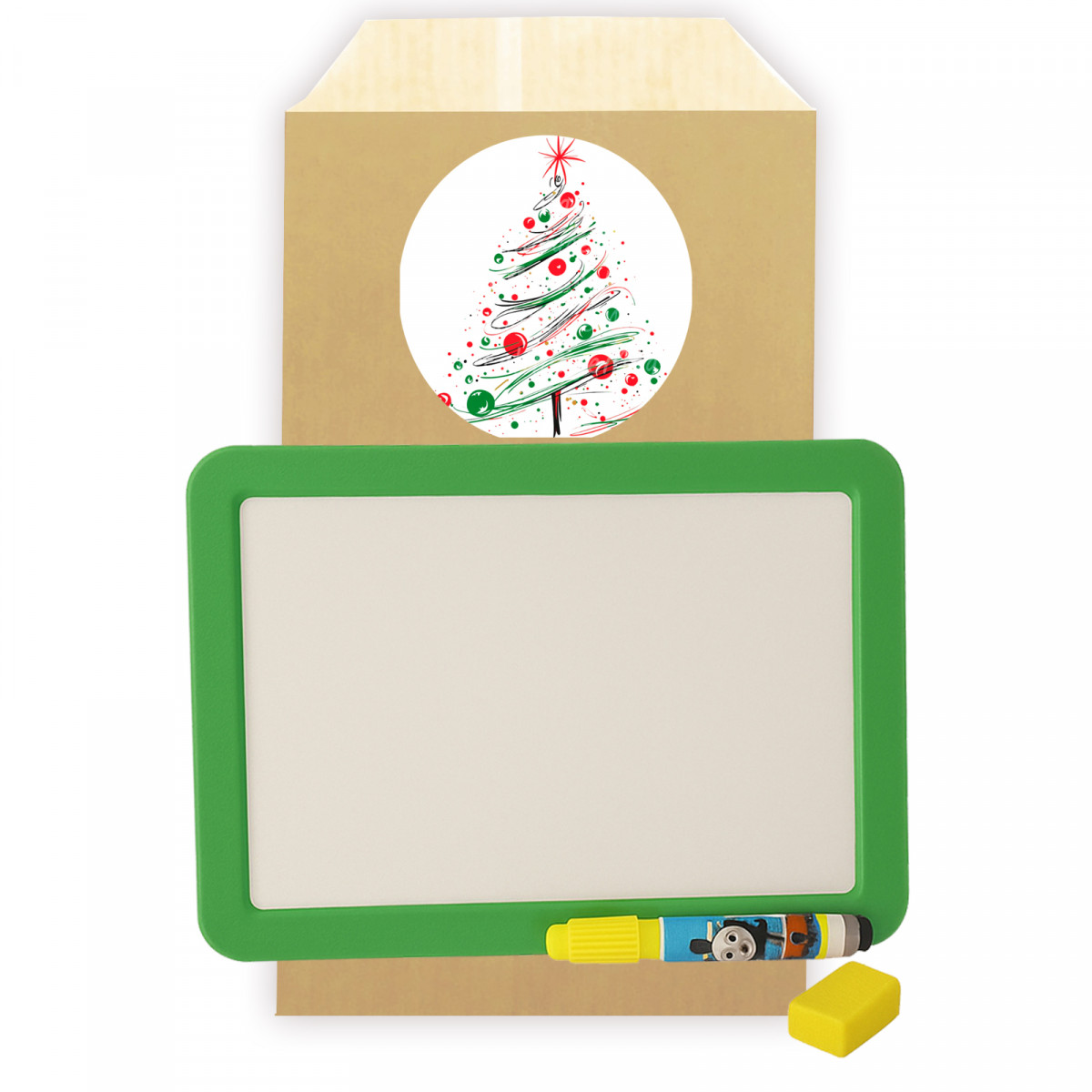 Petite ardoise blanche pour enfants avec un marqueur présentée dans une enveloppe cadeau avec un autocollant personnalisé