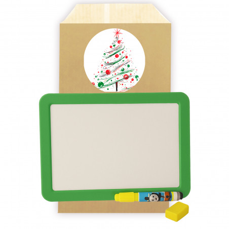 Petite ardoise blanche pour enfants avec un marqueur présentée dans une enveloppe cadeau avec un autocollant personnalisé
