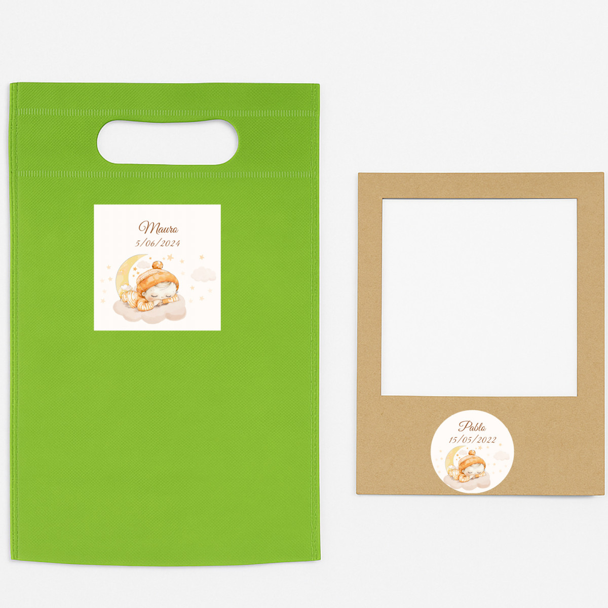 Imán photo avec enveloppe de présentation et autocollants de baptême personnalisés