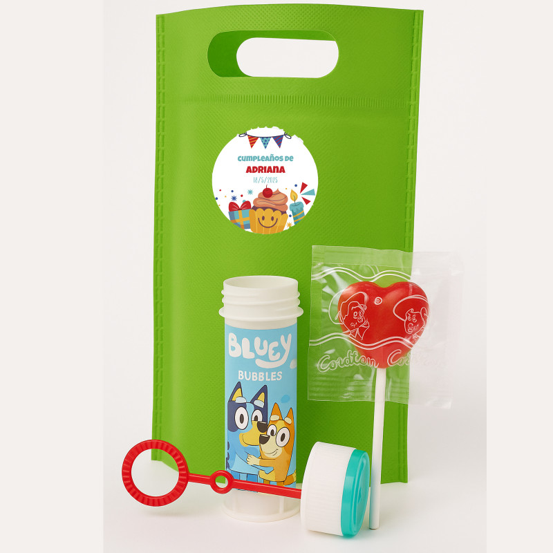 Pompero Bluey dans une enveloppe avec un autocollant personnalisable pour les détails