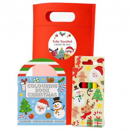 Livre de Noël à colorier avec des autocollants et des crayons dans un sac rouge avec un autocollant personnalisable