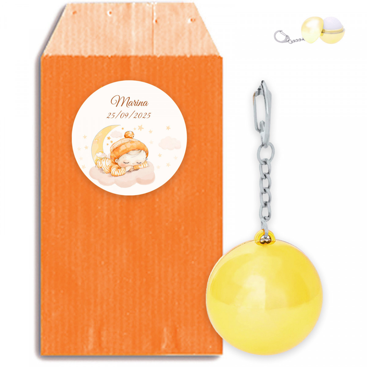 Baume à lèvres porte-clés dans une enveloppe kraft avec autocollant bébé endormi personnalisable pour détails de baptême