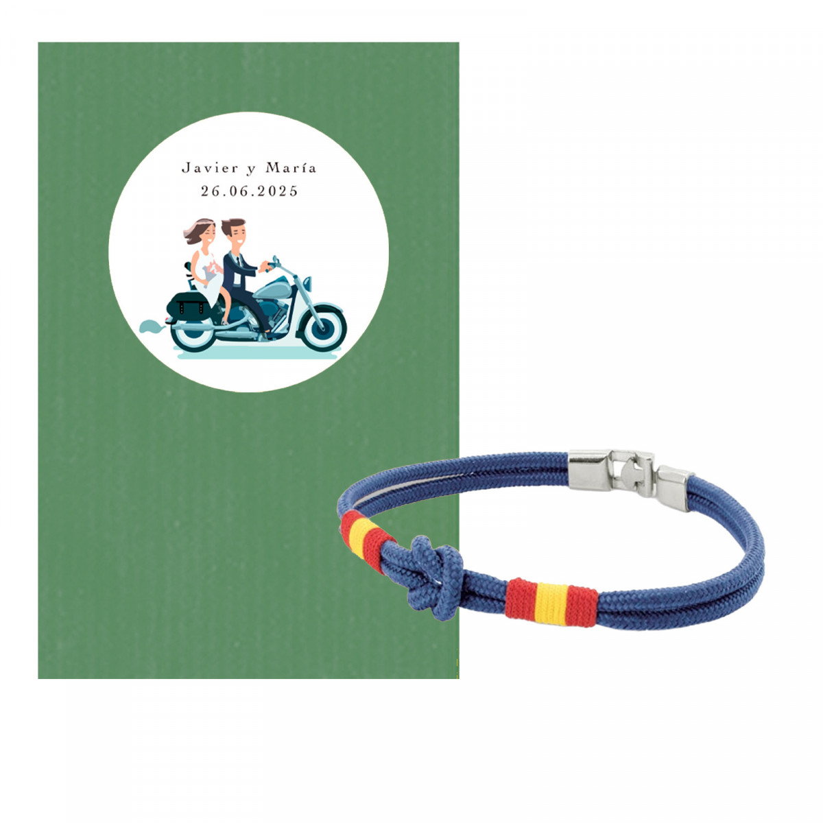 Bracelet avec nœud marin dans une enveloppe en kraft vert avec un autocollant de mariage personnalisé