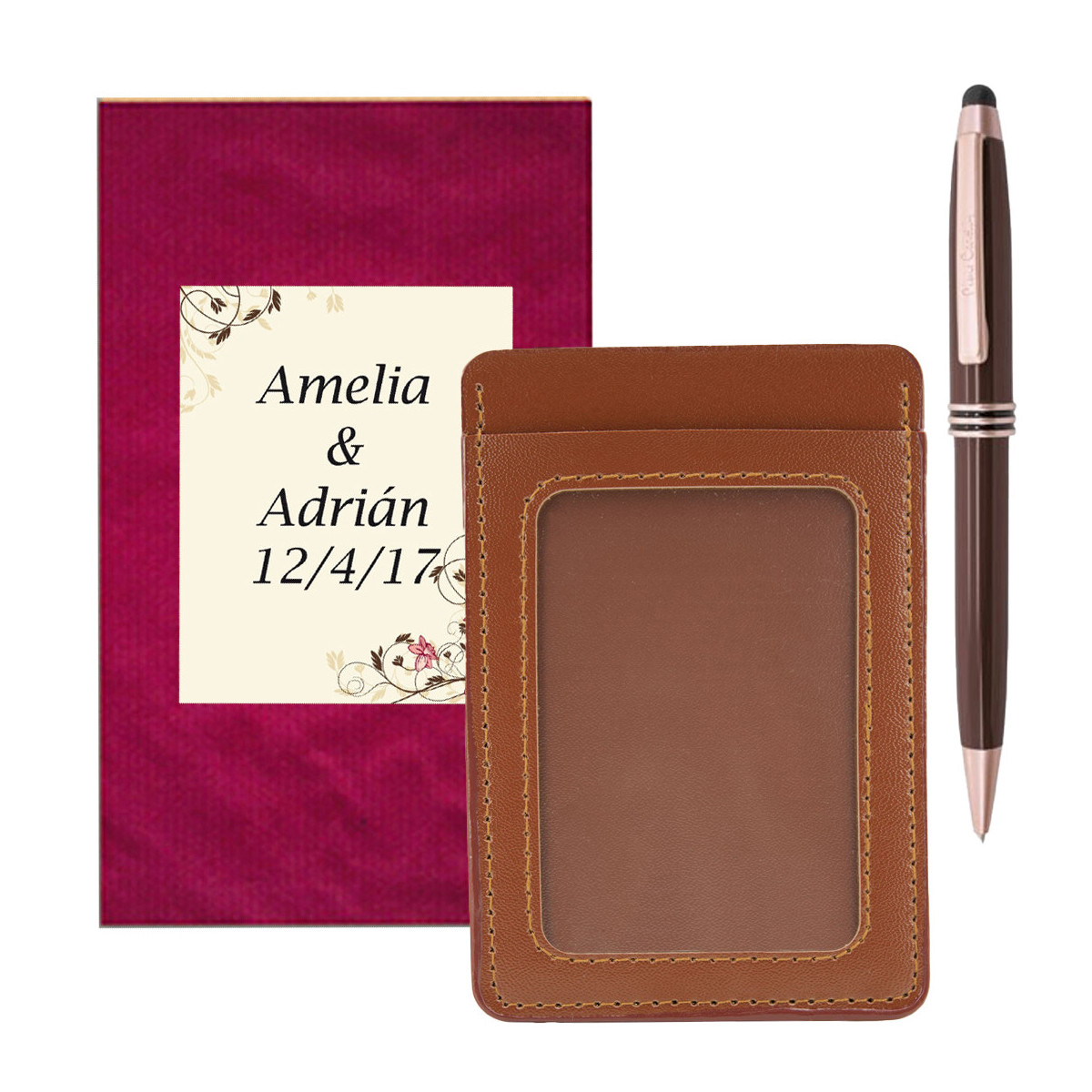 Porte-cartes avec fenêtre de couleur marron avec stylo Pierre Cardin présenté dans une enveloppe et autocollant de mariage