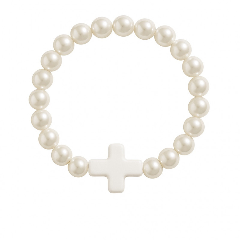 Bracelet en perles blanches nacrées avec croix colorée pour événements religieux
