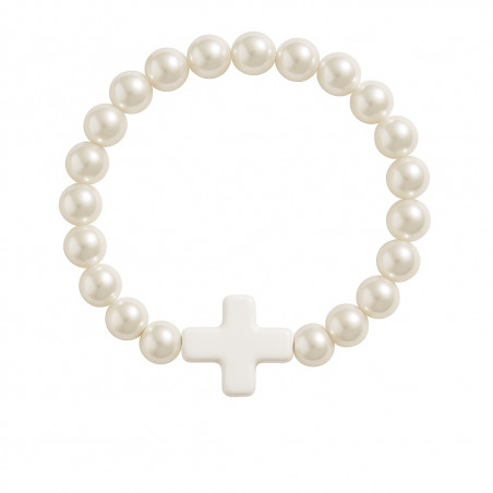 Bracelet en perles blanches nacrées avec croix colorée pour événements religieux