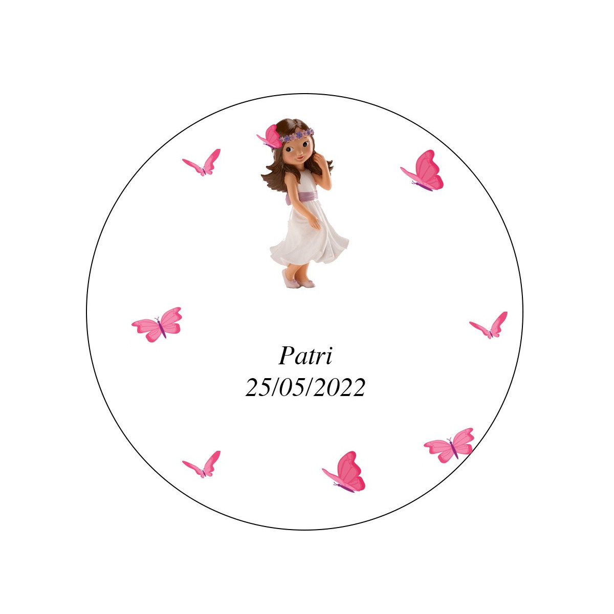 Adhésif de communion fille avec un design de papillons roses de 3 cm et fond transparent
