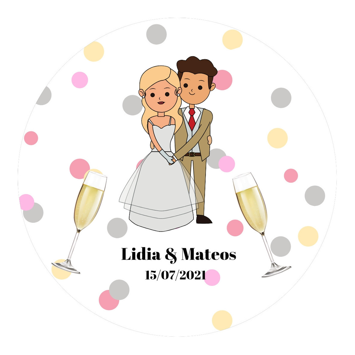 Adhésif de mariage personnalisé avec couple de mariés et verres 3 cm