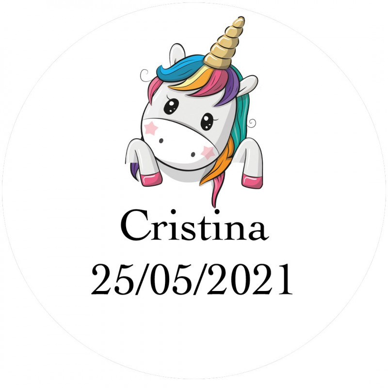 Adhésif unicorn personnalisé pour communions baptêmes et anniversaires 3 cm