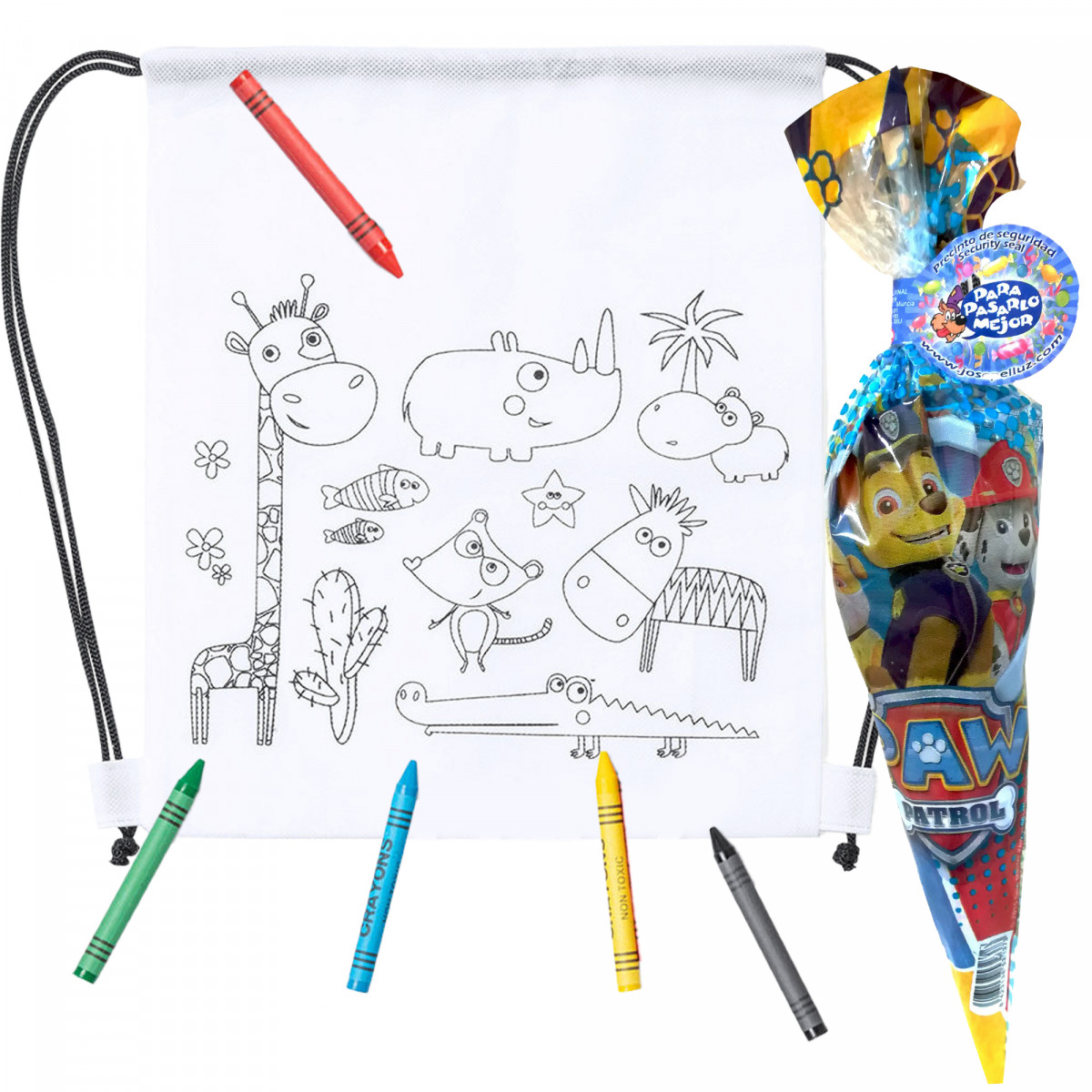 Sac de peinture avec des couleurs et cornet de bonbons pat patrouille