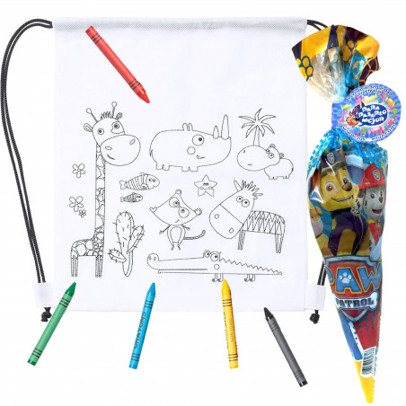Sac de peinture avec des couleurs et cornet de bonbons Pat'Patrouille