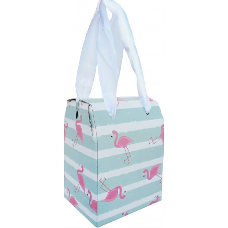 Pack détail de mariage avec porte monnaie stylo rouge à lèvres miroir personnalisé et boîte au design de flamants roses.