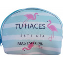 Pack détail de mariage avec porte monnaie stylo rouge à lèvres miroir personnalisé et boîte au design de flamants roses.