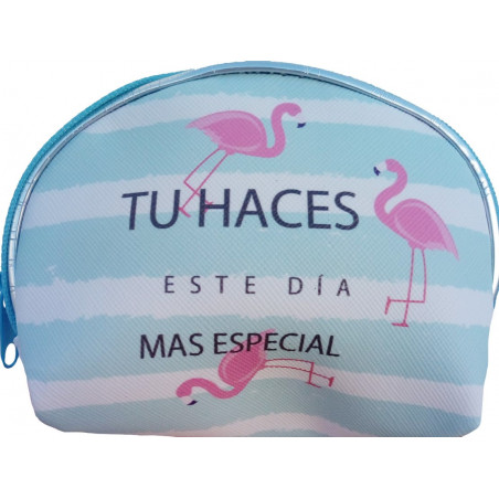 Pack détail de mariage avec porte monnaie stylo rouge à lèvres miroir personnalisé et boîte au design de flamants roses.