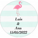 Pack détail de mariage avec porte monnaie stylo rouge à lèvres miroir personnalisé et boîte au design de flamants roses.