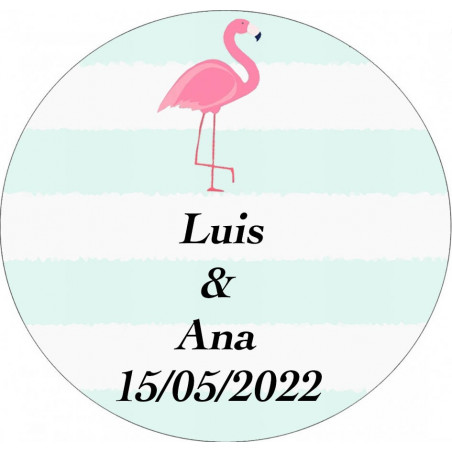 Pack détail de mariage avec porte monnaie stylo rouge à lèvres miroir personnalisé et boîte au design de flamants roses.