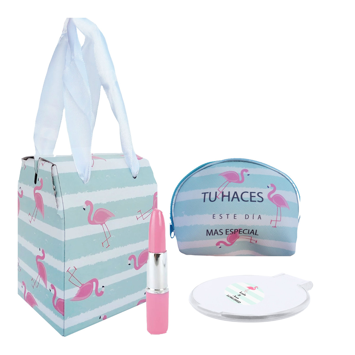Pack détail de mariage avec porte monnaie stylo rouge à lèvres miroir personnalisé et boîte au design de flamants roses.