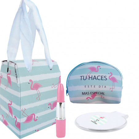 Pack détail de mariage avec porte monnaie stylo rouge à lèvres miroir personnalisé et boîte au design de flamants roses.