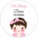 Autocollant de baptême fille personnalisé avec nom et date 5 cm transparent