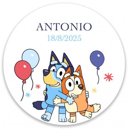 Adhésif personnalisé Bluey et Bingo 5 cm, fond transparent