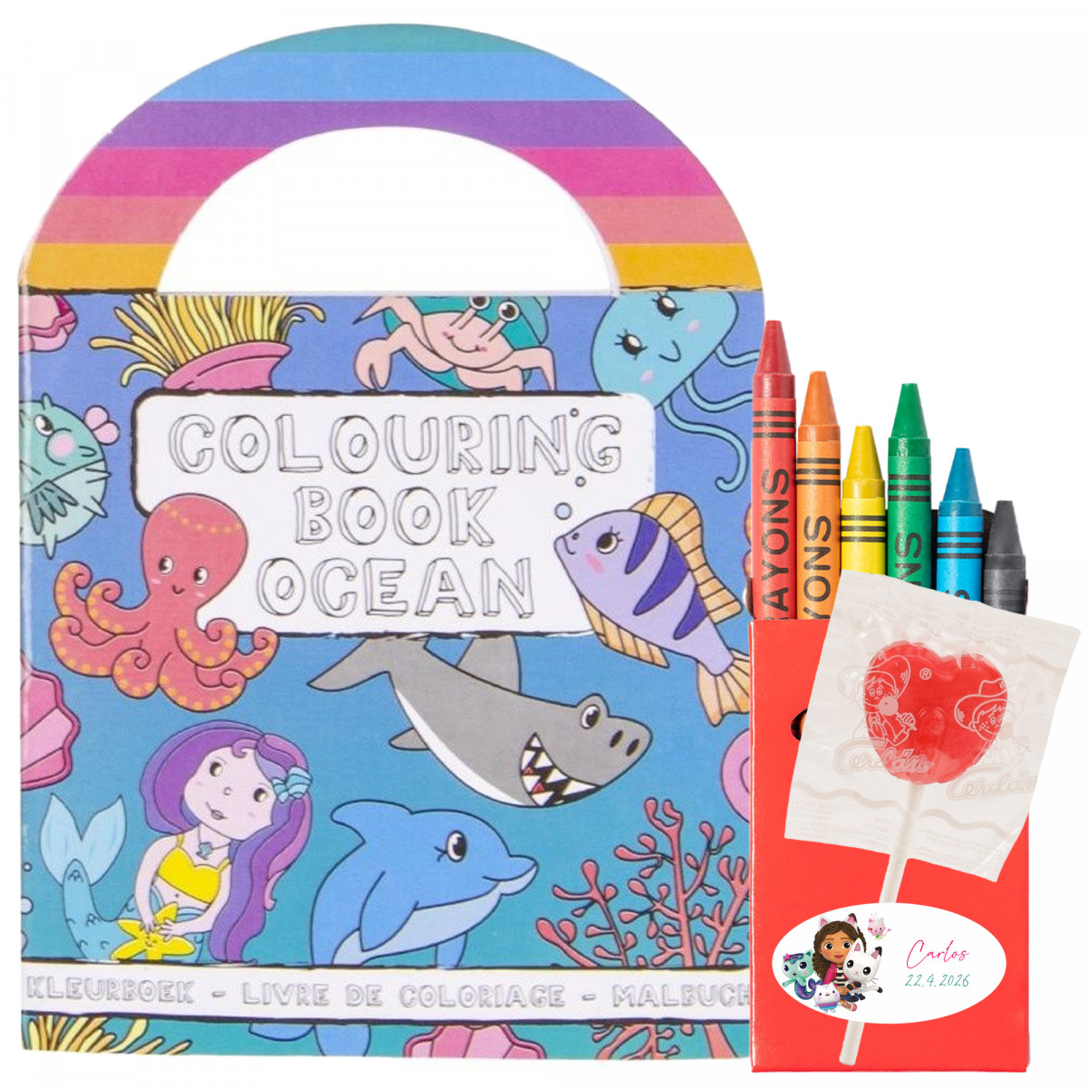 Livre de coloriage avec autocollants et crayons de couleur personnalisé avec un autocollant gabby chat