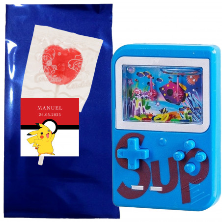 Jeu d eau dans un sac métallisé personnalisé avec autocollant pokémon