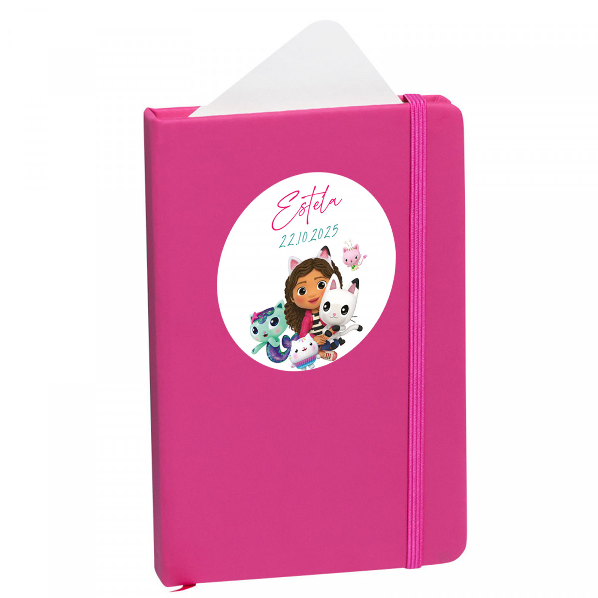 Cahier fuchsia personnalisé avec autocollant de gabby de 5 cm