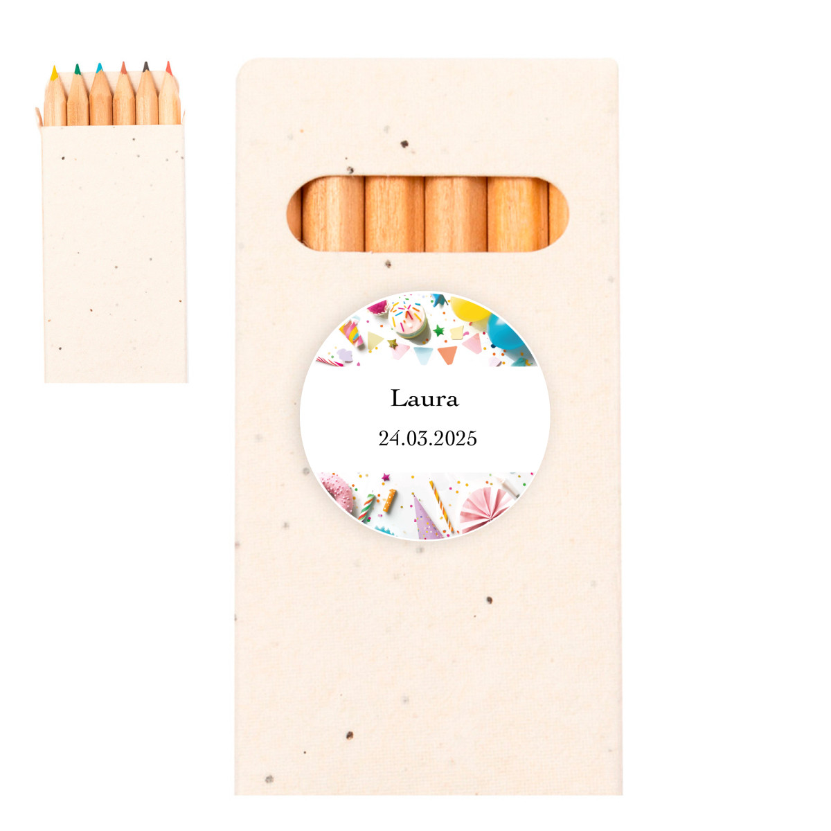 Crayons de couleur avec des graines dans un étui en carton et un autocollant personnalisable pour les détails